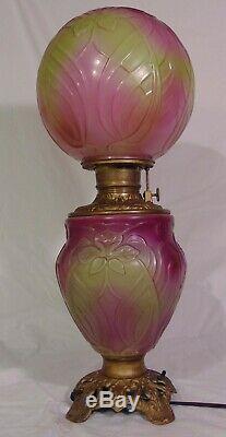 RARE PITTSBURGH GLASS IRIS GWTW Banquet Parlor Lamp Art Nouveau PINK Green AKA