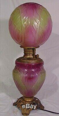 RARE PITTSBURGH GLASS IRIS GWTW Banquet Parlor Lamp Art Nouveau PINK Green AKA