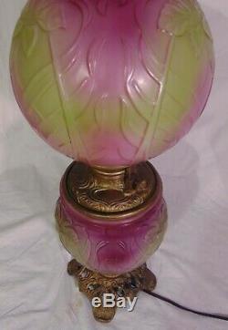 RARE PITTSBURGH GLASS IRIS GWTW Banquet Parlor Lamp Art Nouveau PINK Green AKA