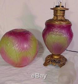 RARE PITTSBURGH GLASS IRIS GWTW Banquet Parlor Lamp Art Nouveau PINK Green AKA