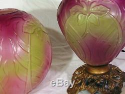 RARE PITTSBURGH GLASS IRIS GWTW Banquet Parlor Lamp Art Nouveau PINK Green AKA