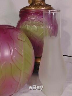 RARE PITTSBURGH GLASS IRIS GWTW Banquet Parlor Lamp Art Nouveau PINK Green AKA