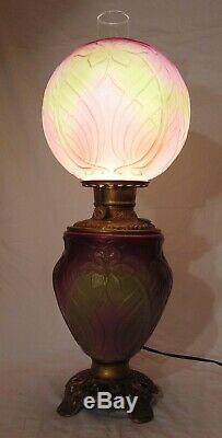 RARE PITTSBURGH GLASS IRIS GWTW Banquet Parlor Lamp Art Nouveau PINK Green AKA