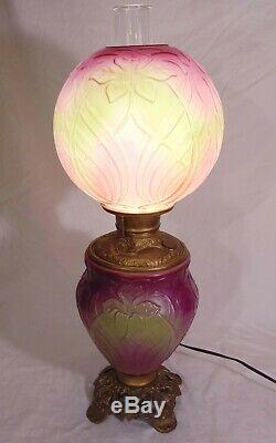 RARE PITTSBURGH GLASS IRIS GWTW Banquet Parlor Lamp Art Nouveau PINK Green AKA