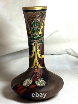 RARE Signed Mont Joye Legras French Art Nouveau Deco Painted Enamel Glass Vase