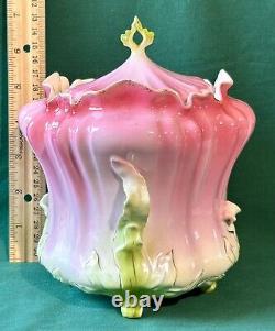 RS Prussia Morning Glory Biscuit Cracker Jar Pink Green Art Nouveau Antique Flaw