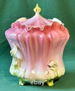 RS Prussia Morning Glory Biscuit Cracker Jar Pink Green Art Nouveau Antique Flaw