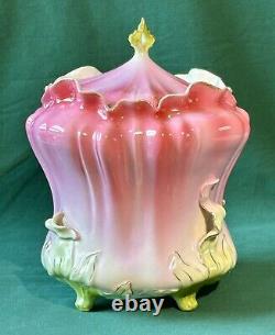 RS Prussia Morning Glory Biscuit Cracker Jar Pink Green Art Nouveau Antique Flaw