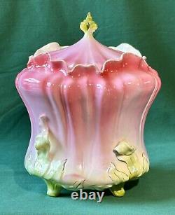 RS Prussia Morning Glory Biscuit Cracker Jar Pink Green Art Nouveau Antique Flaw