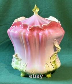 RS Prussia Morning Glory Biscuit Cracker Jar Pink Green Art Nouveau Antique Flaw