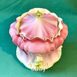 RS Prussia Morning Glory Biscuit Cracker Jar Pink Green Art Nouveau Antique Flaw