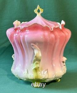 RS Prussia Morning Glory Biscuit Cracker Jar Pink Green Art Nouveau Antique Flaw