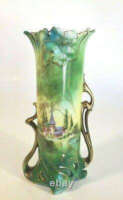 RS Prussia Royal Vienna Lily Mold Vase Art Nouveau Castle Scene Green Blue