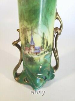 RS Prussia Royal Vienna Lily Mold Vase Art Nouveau Castle Scene Green Blue