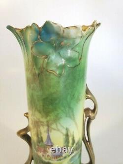 RS Prussia Royal Vienna Lily Mold Vase Art Nouveau Castle Scene Green Blue