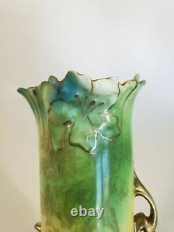 RS Prussia Royal Vienna Lily Mold Vase Art Nouveau Castle Scene Green Blue