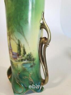 RS Prussia Royal Vienna Lily Mold Vase Art Nouveau Castle Scene Green Blue