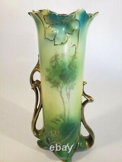 RS Prussia Royal Vienna Lily Mold Vase Art Nouveau Castle Scene Green Blue