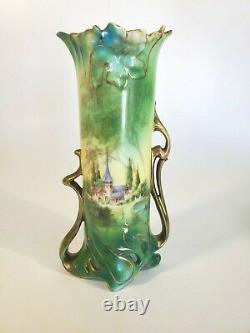 RS Prussia Royal Vienna Lily Mold Vase Art Nouveau Castle Scene Green Blue