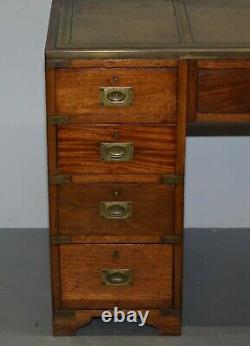 Rare 1929 Stamped Antique Military Campaign Mahogany Green Leather Partner Desk