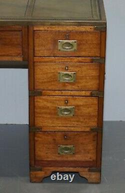 Rare 1929 Stamped Antique Military Campaign Mahogany Green Leather Partner Desk