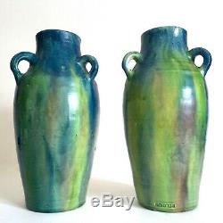 Rare 1930's Belgium Art Pottery Art Deco Nouveau Drip Glaze Ceramic Vases A Pair