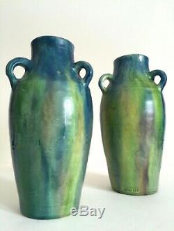 Rare 1930's Belgium Art Pottery Art Deco Nouveau Drip Glaze Ceramic Vases A Pair