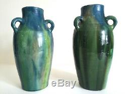 Rare 1930's Belgium Art Pottery Art Deco Nouveau Drip Glaze Ceramic Vases A Pair