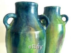 Rare 1930's Belgium Art Pottery Art Deco Nouveau Drip Glaze Ceramic Vases A Pair