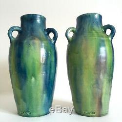 Rare 1930's Belgium Art Pottery Art Deco Nouveau Drip Glaze Ceramic Vases A Pair