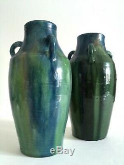 Rare 1930's Belgium Art Pottery Art Deco Nouveau Drip Glaze Ceramic Vases A Pair