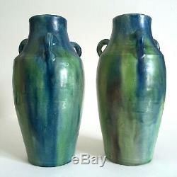 Rare 1930's Belgium Art Pottery Art Deco Nouveau Drip Glaze Ceramic Vases A Pair