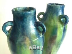 Rare 1930's Belgium Art Pottery Art Deco Nouveau Drip Glaze Ceramic Vases A Pair