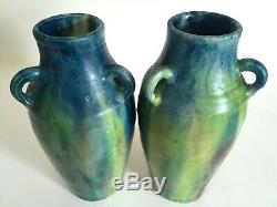 Rare 1930's Belgium Art Pottery Art Deco Nouveau Drip Glaze Ceramic Vases A Pair