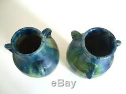 Rare 1930's Belgium Art Pottery Art Deco Nouveau Drip Glaze Ceramic Vases A Pair