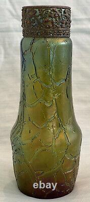 Rare 7.25 Tall Loetz Green and Blue Pampas Glass Vase with Metal Trim Ca. 1900