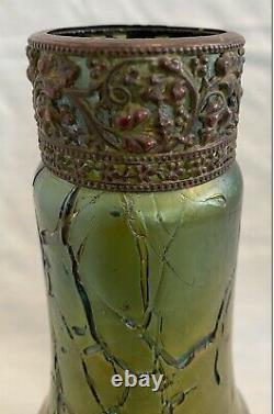 Rare 7.25 Tall Loetz Green and Blue Pampas Glass Vase with Metal Trim Ca. 1900