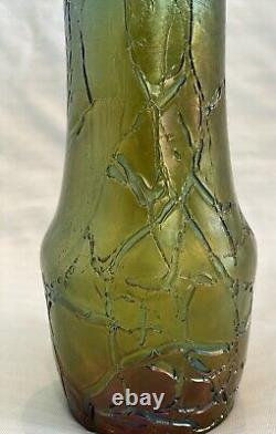 Rare 7.25 Tall Loetz Green and Blue Pampas Glass Vase with Metal Trim Ca. 1900