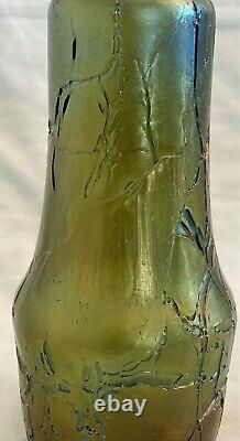 Rare 7.25 Tall Loetz Green and Blue Pampas Glass Vase with Metal Trim Ca. 1900
