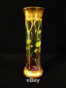 Rare Amethyst & Green Moser Art Nouveau Hand Painted & Enameled Art Glass Vase