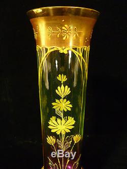 Rare Amethyst & Green Moser Art Nouveau Hand Painted & Enameled Art Glass Vase