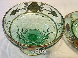 Rare Antique Art Deco Nouveau Gold Encrusted Depression Green Bowl & Underplate