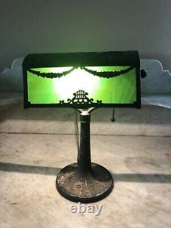 Rare Antique Art Nouveau Piano Lamp with Green Slag Glass