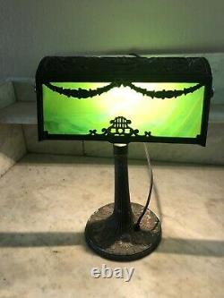 Rare Antique Art Nouveau Piano Lamp with Green Slag Glass