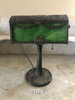 Rare Antique Art Nouveau Piano Lamp with Green Slag Glass