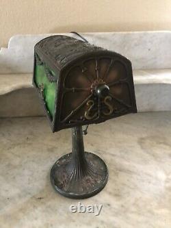 Rare Antique Art Nouveau Piano Lamp with Green Slag Glass