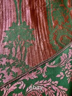 Rare Antique Floral Roses Art Nouveau Jacquard Fabric Curtain Copper Green