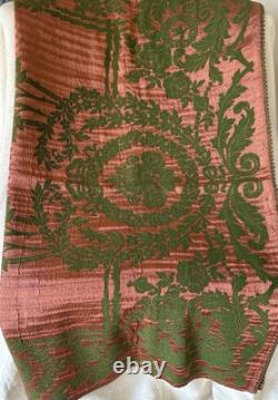 Rare Antique Floral Roses Art Nouveau Jacquard Fabric Curtain Copper Green