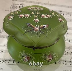 Rare Antique French Art Nouveau Green Glass Hand Painted Enameled Box c1900