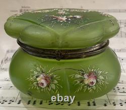 Rare Antique French Art Nouveau Green Glass Hand Painted Enameled Box c1900